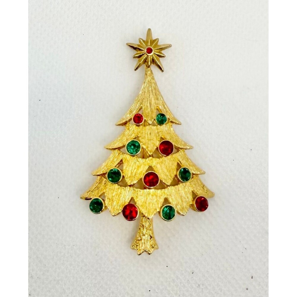 Vintage Gold Tone Red and Green Rhinestone Christmas Tree Brooch Pin
